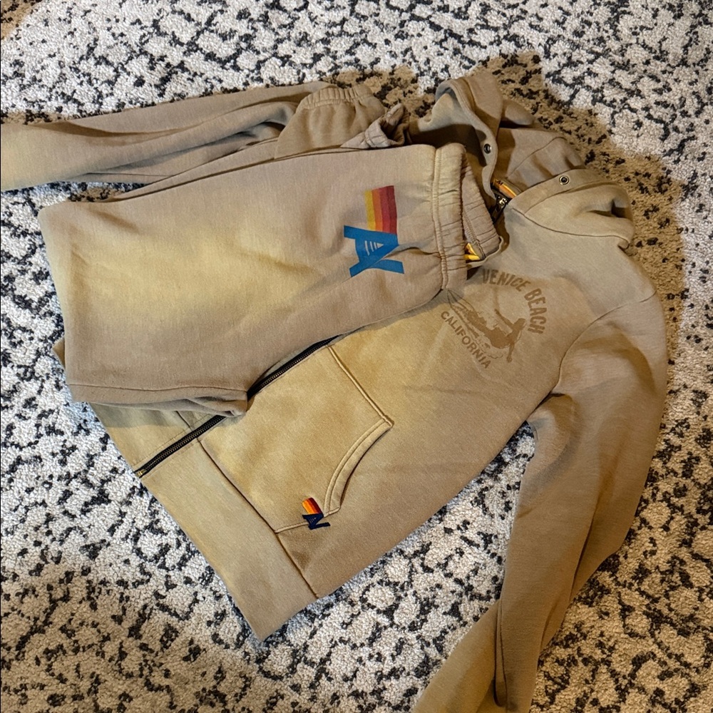 Aviator Nation Tan distressed Hoodie and jogger Set. Pants small hoodie med